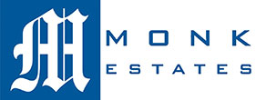 Monk Estates logo featuring a stylized letter 'M' and the text 'Monk Estates' in blue and white colors.
