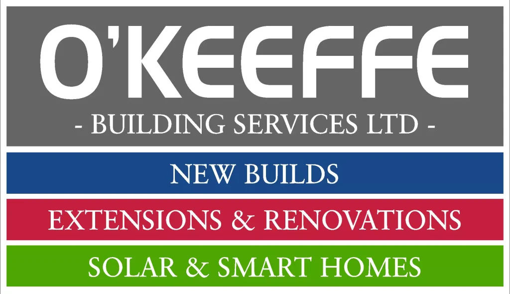 O'Keeffe Building Services Ltd logo with sections for New Builds, Extensions & Renovations, and Solar & Smart Homes.